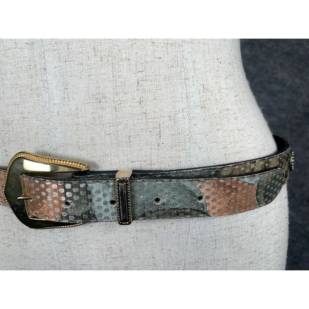 Vintage Elite Womens Belt Large Metallic‎ Medallion Gold Buckle Retro 80s 90s